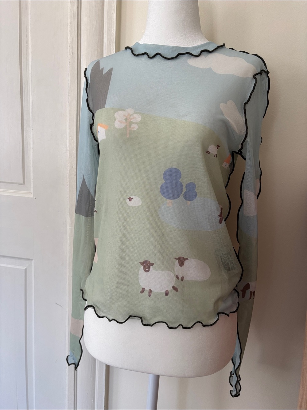 Small Kina and Tam landscape mesh top Sheer Farm Print - Light Blue/Green - Picture 3 of 7